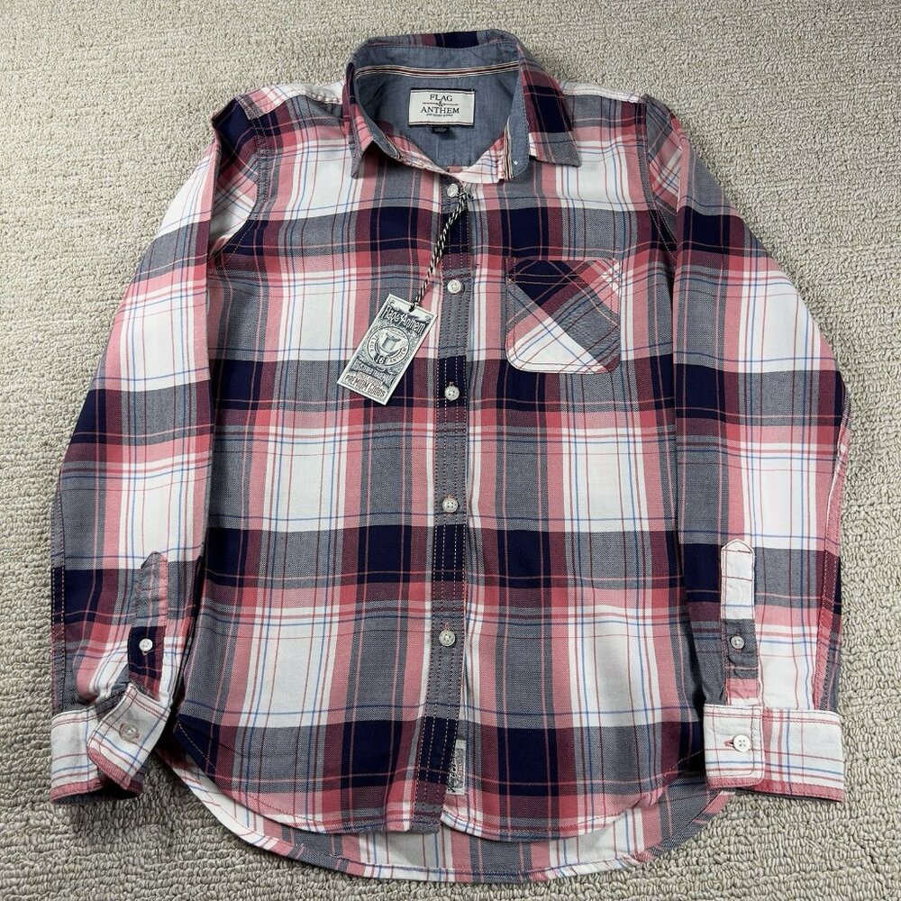 Flag & Anthem Plaid Long Sleeve Shirt Red Blue White Women’s Size XS